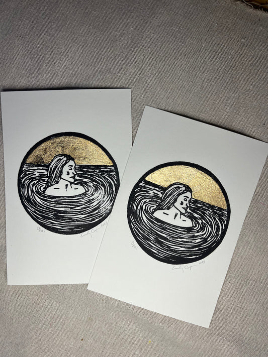 "Opal" Individual Gold-leafed Linocut 4"x6" Print