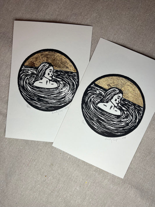 "Opal" Individual Gold-leafed Linocut 4"x6" Print