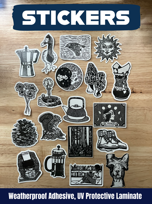 Stickers - Waterproof Adhesive, UV Laminate - Designs from Linoleum Block Prints