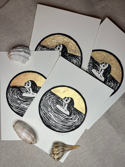 "Thalia" Individual Gold-Leafed 4"x6" Linoleum Block Print