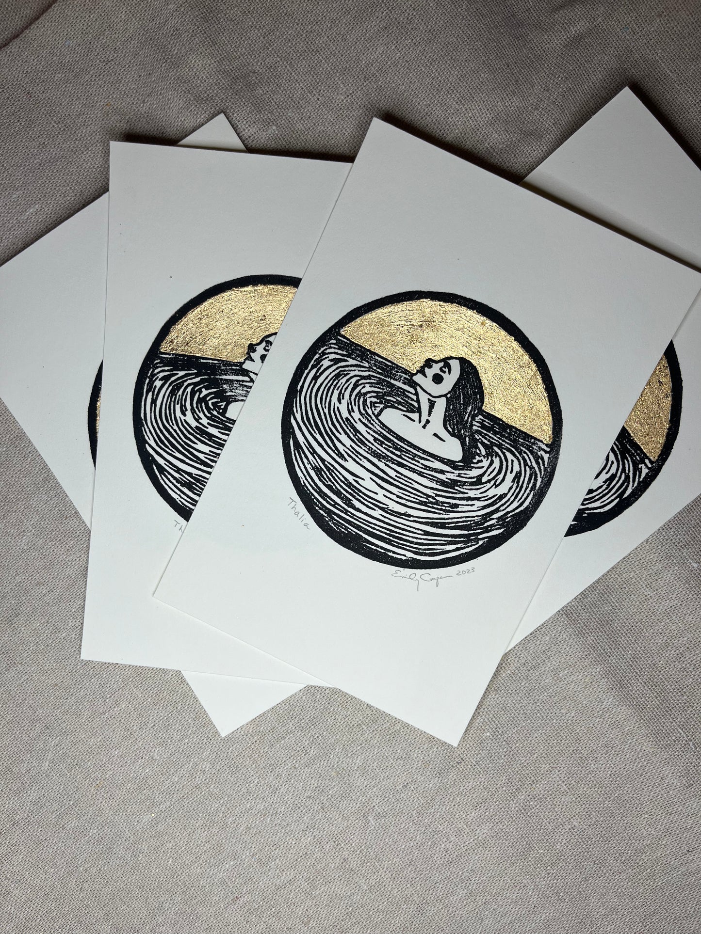 "Thalia" Individual Gold-Leafed 4"x6" Linoleum Block Print