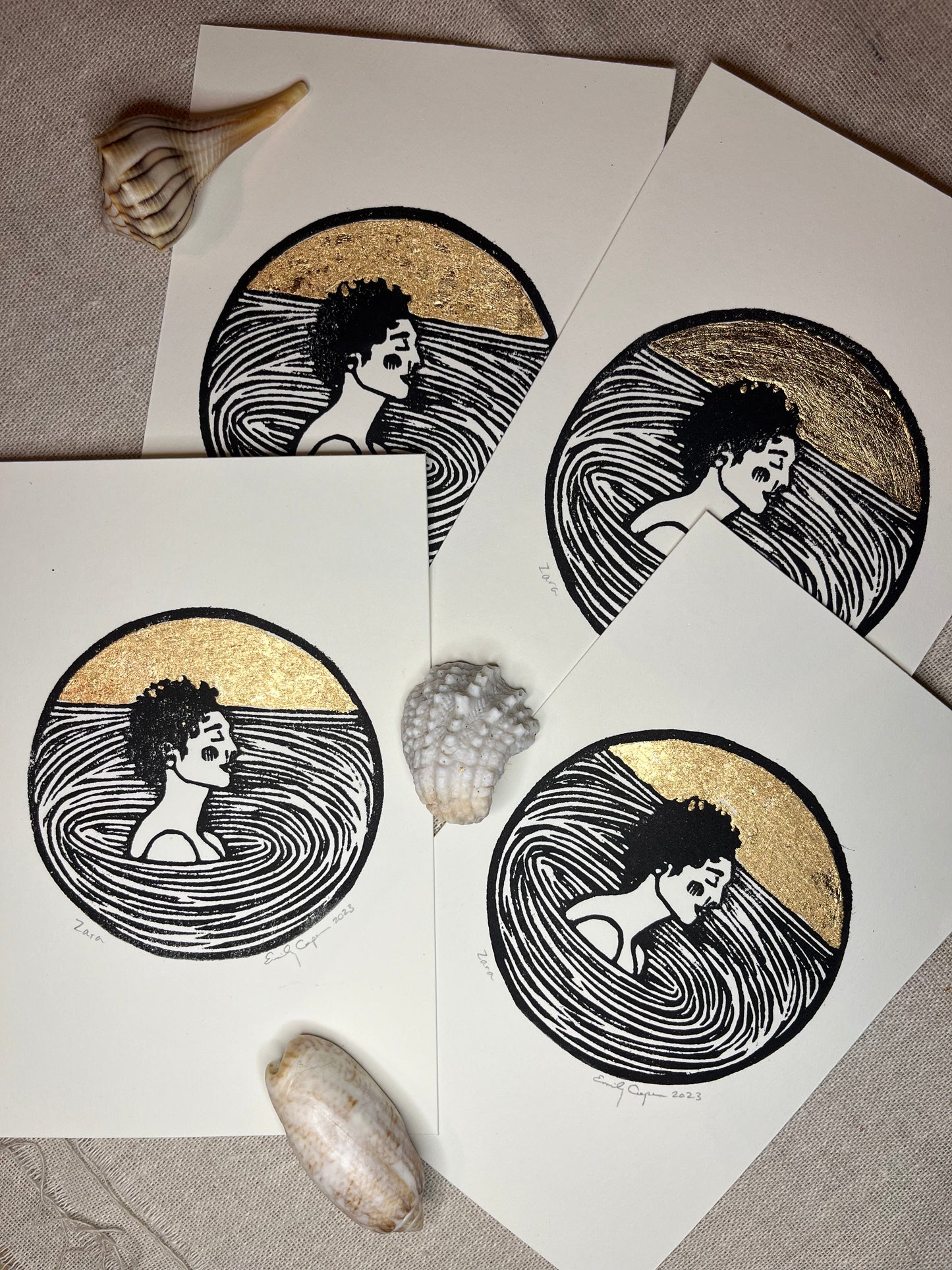 "Zara" Individual Gold-Leafed 4"x6" Linoleum Block Print