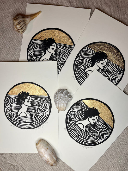 "Zara" Individual Gold-Leafed 4"x6" Linoleum Block Print