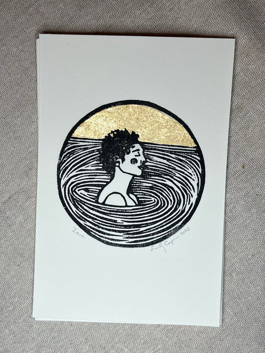 "Zara" Individual Gold-Leafed 4"x6" Linoleum Block Print