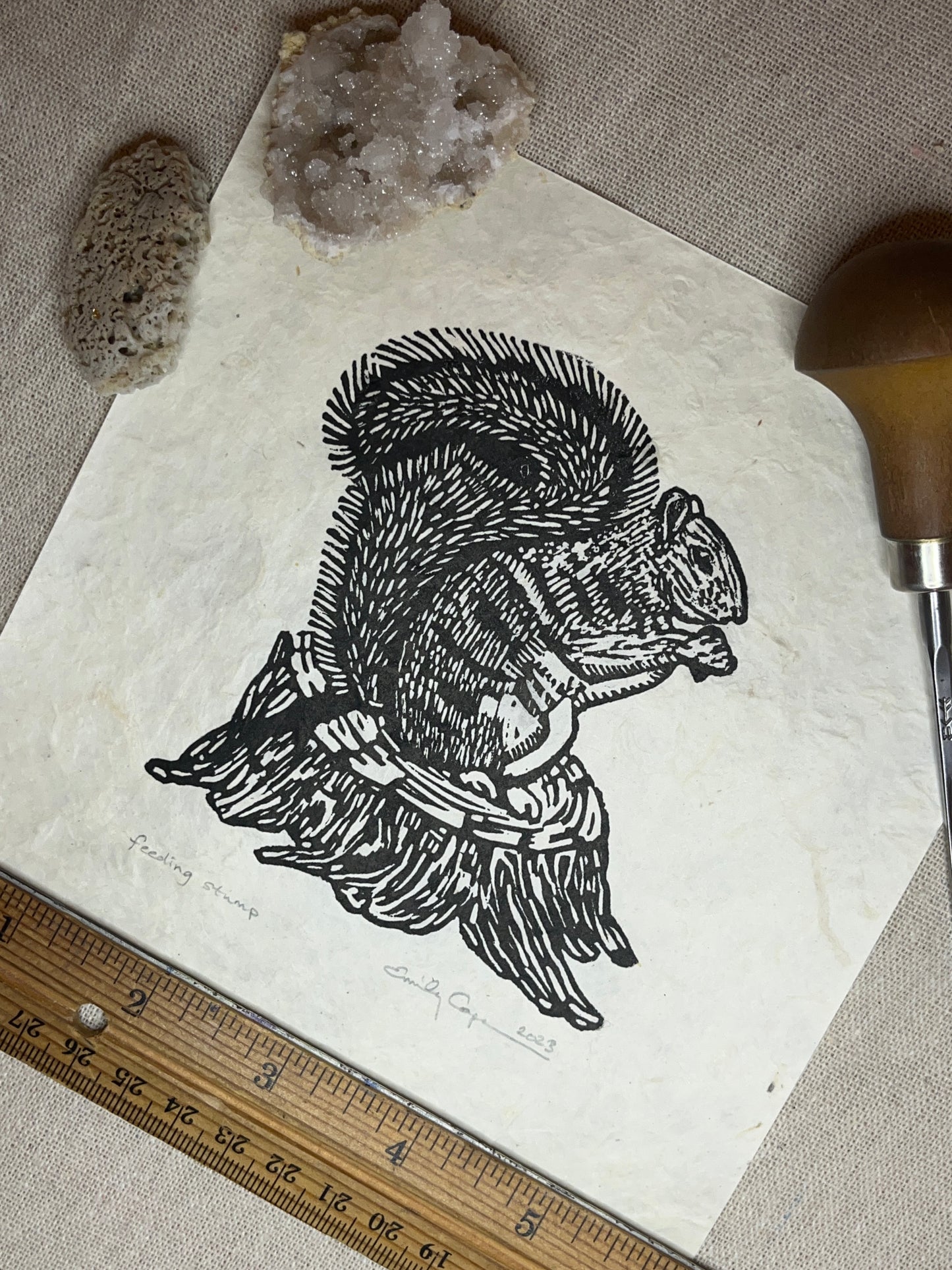 "Feeding Stump" Original Linoleum Block Print