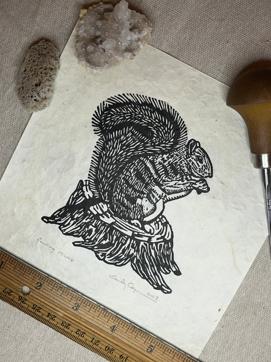 "Feeding Stump" Original Linoleum Block Print