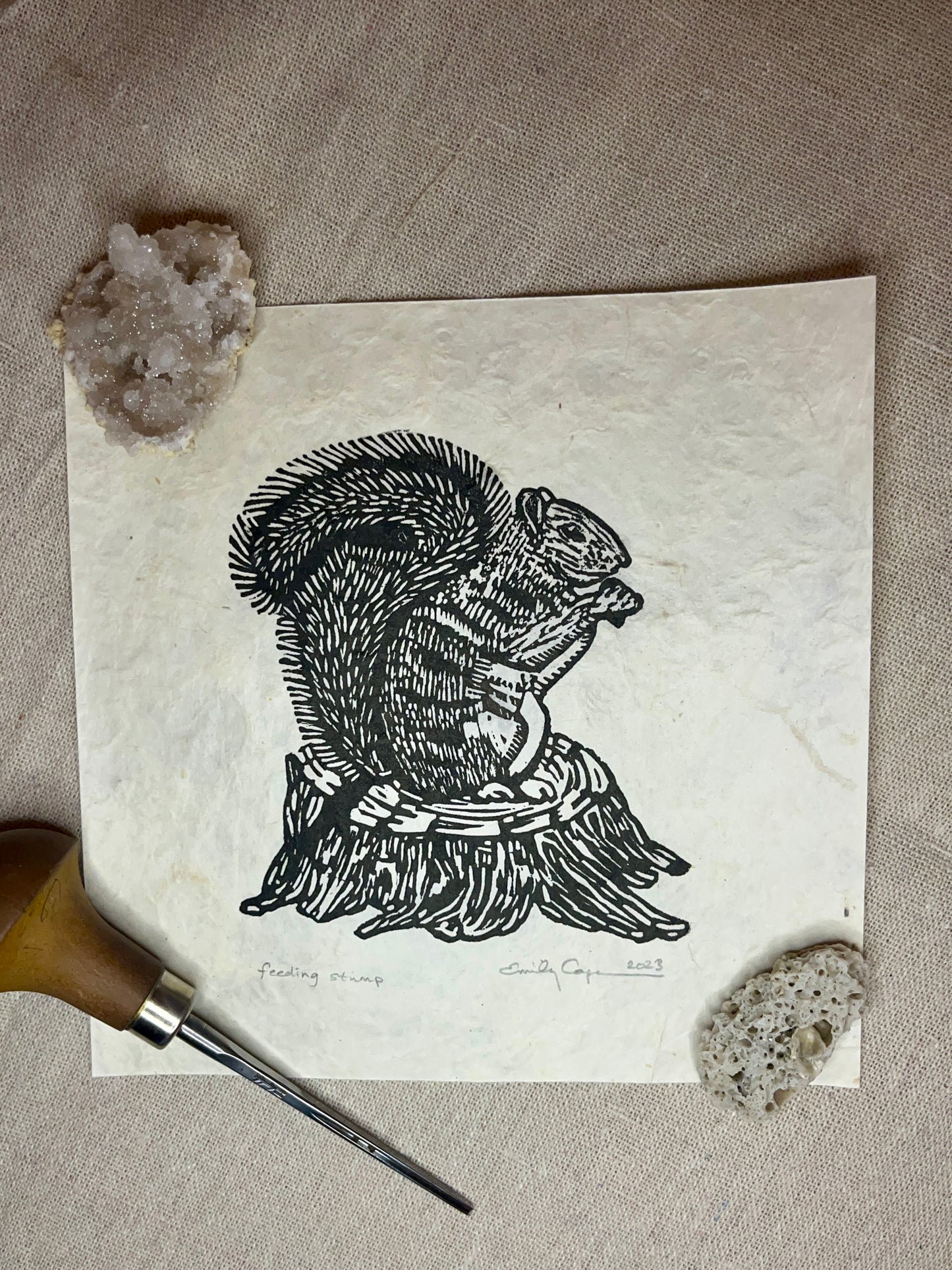 "Feeding Stump" Original Linoleum Block Print