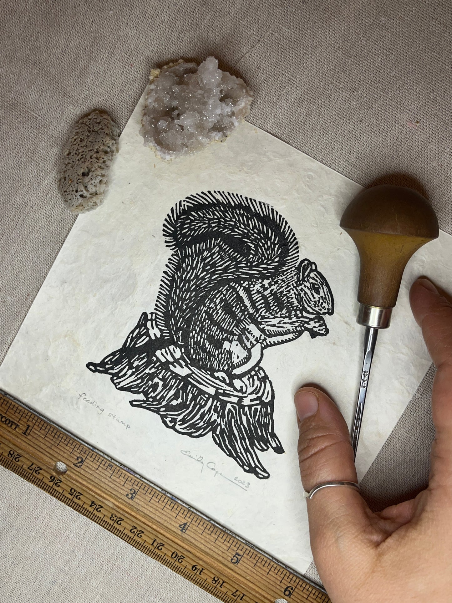 "Feeding Stump" Original Linoleum Block Print