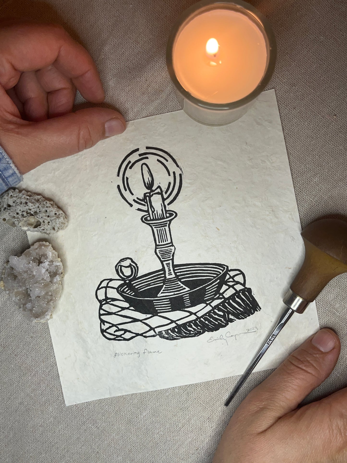 "Flickering Flame" Original Linoleum Block Print