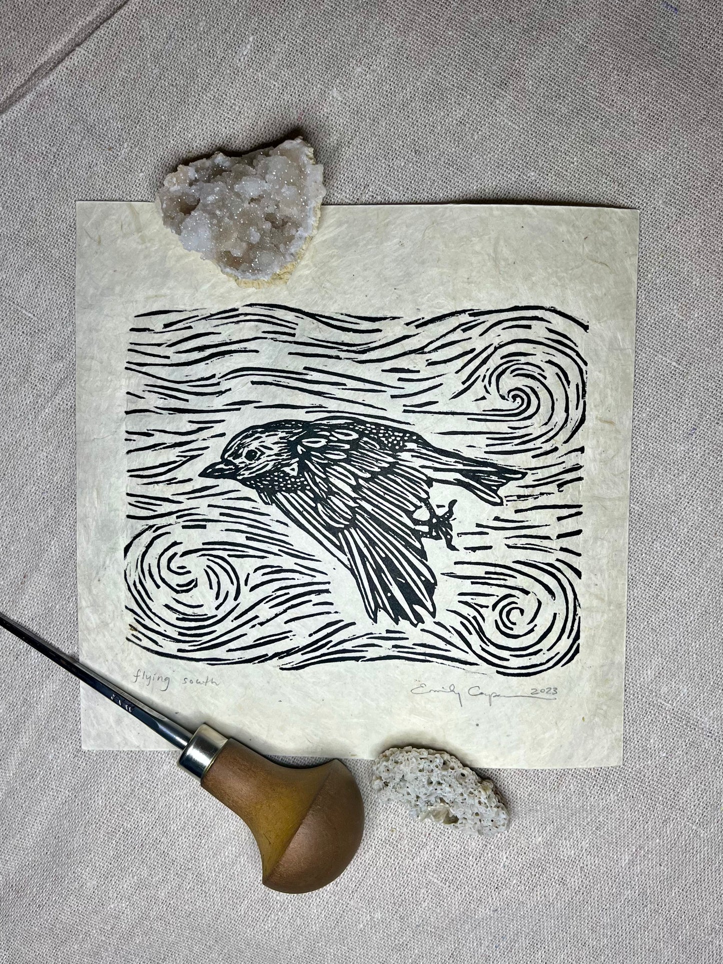 "Flying South" Original Linoleum Block Print