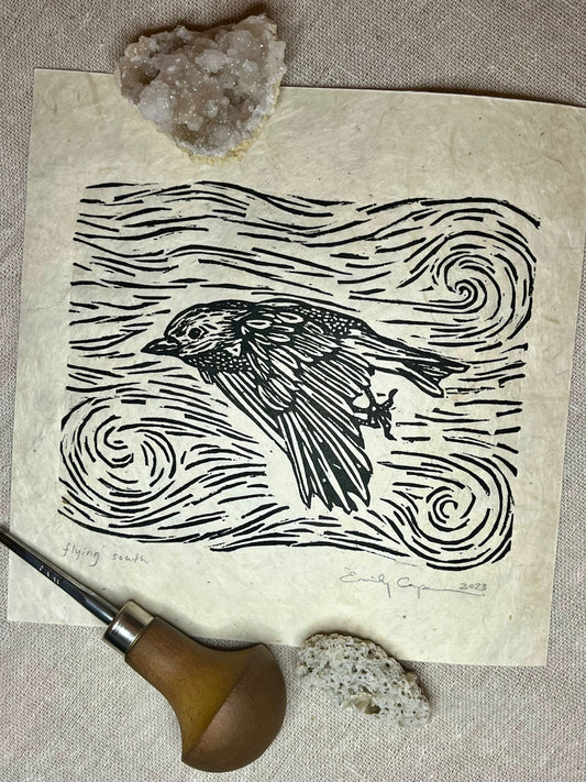 "Flying South" Original Linoleum Block Print