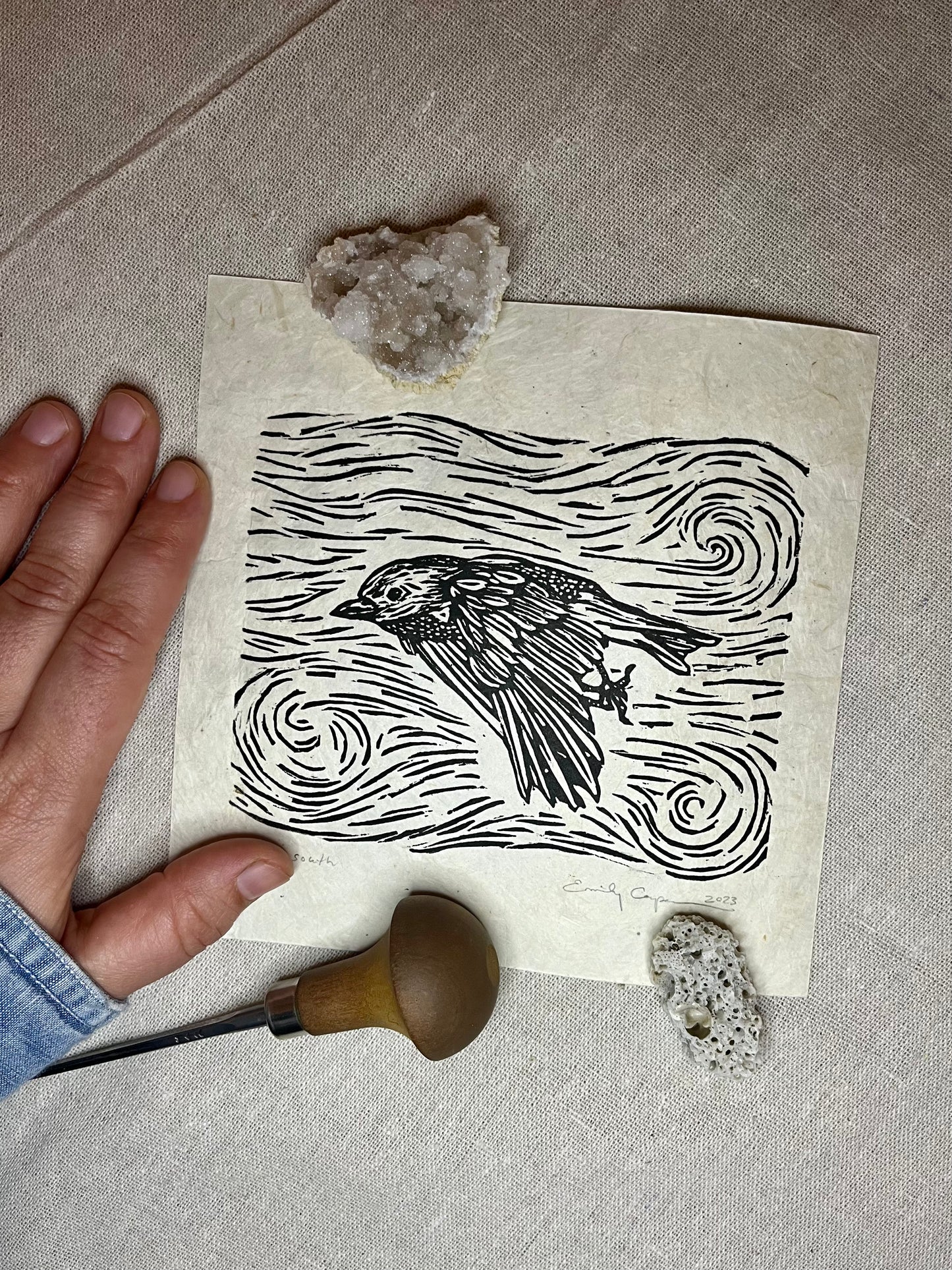 "Flying South" Original Linoleum Block Print