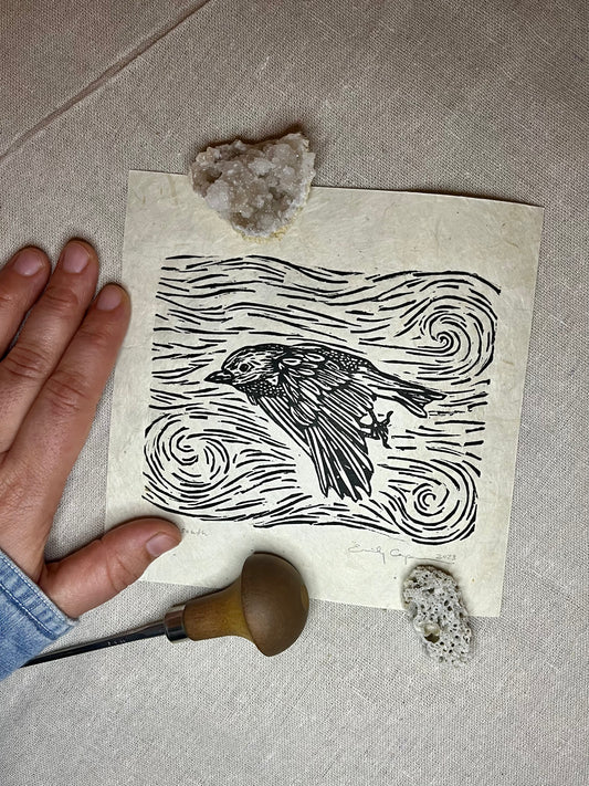 "Flying South" Original Linoleum Block Print