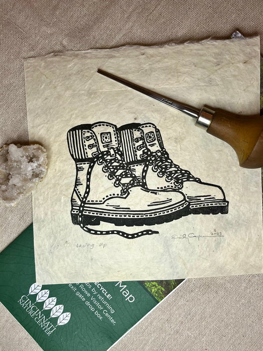 "Lacing Up" Original Linoleum Block Print