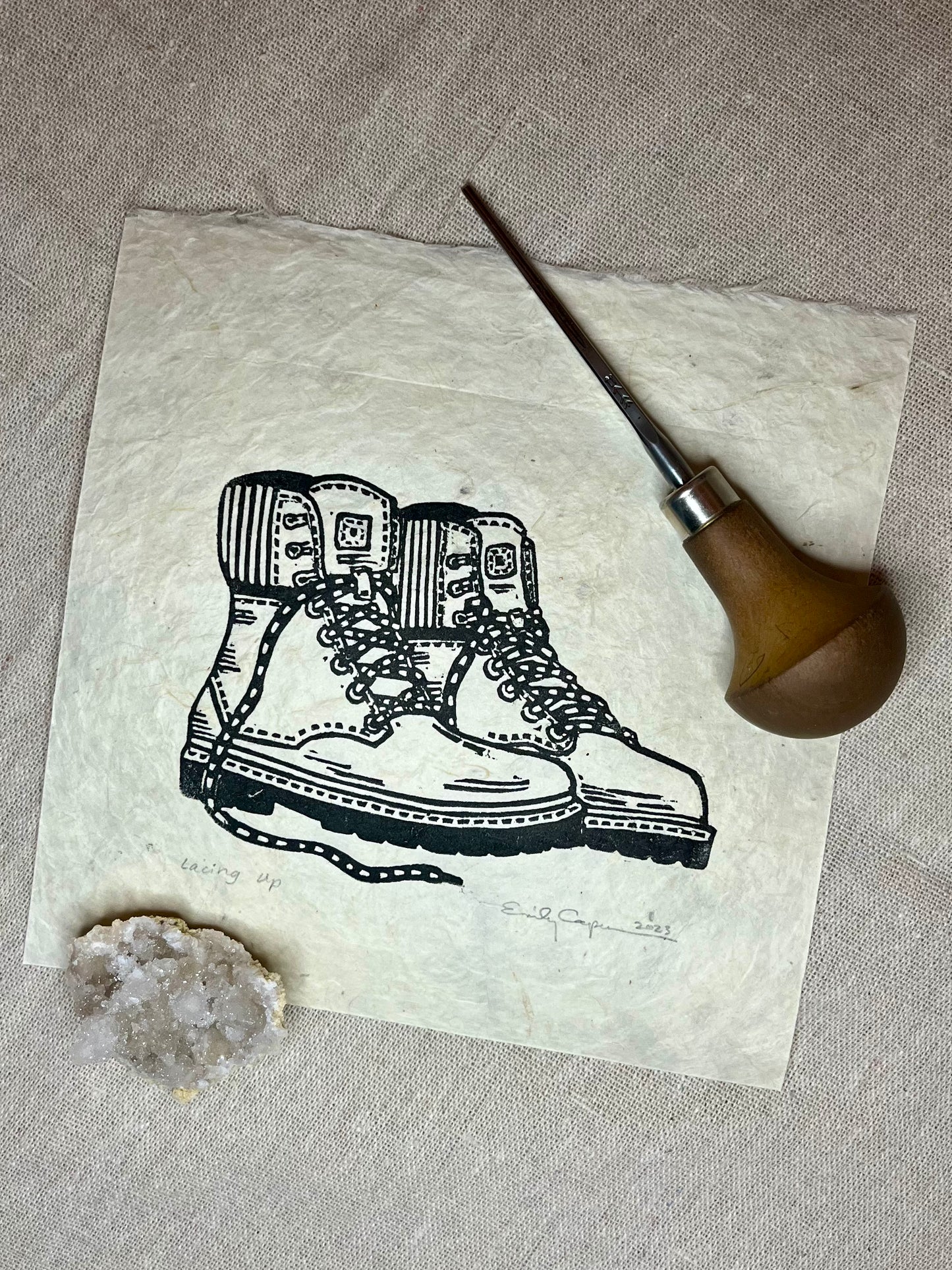 "Lacing Up" Original Linoleum Block Print