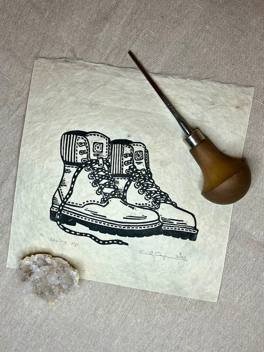 "Lacing Up" Original Linoleum Block Print