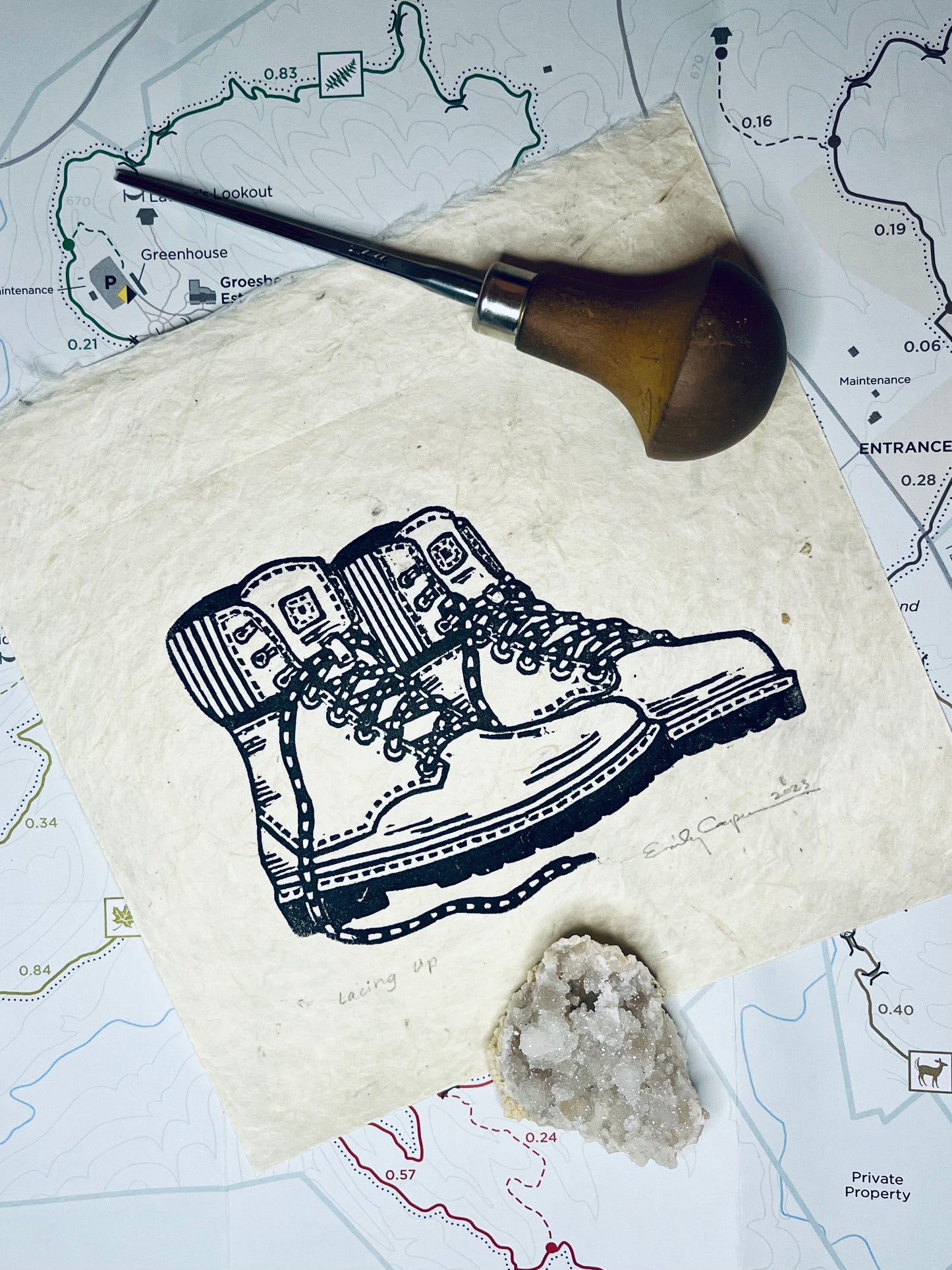 "Lacing Up" Original Linoleum Block Print