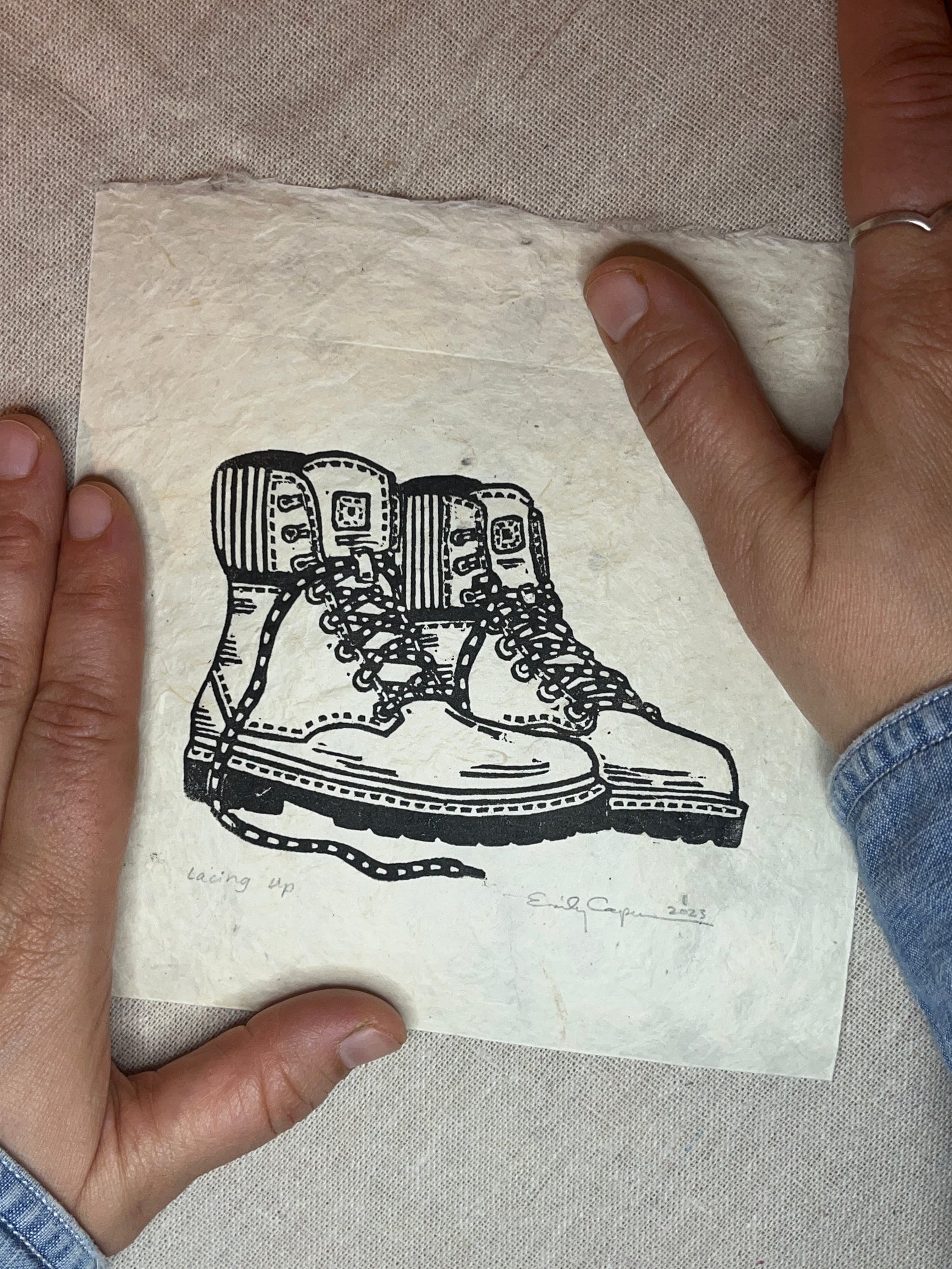 "Lacing Up" Original Linoleum Block Print