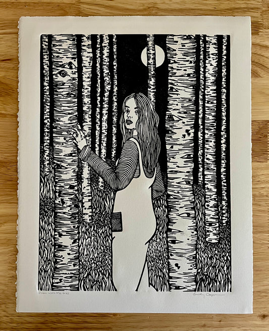 'Come with Me' Linoleum Block Print