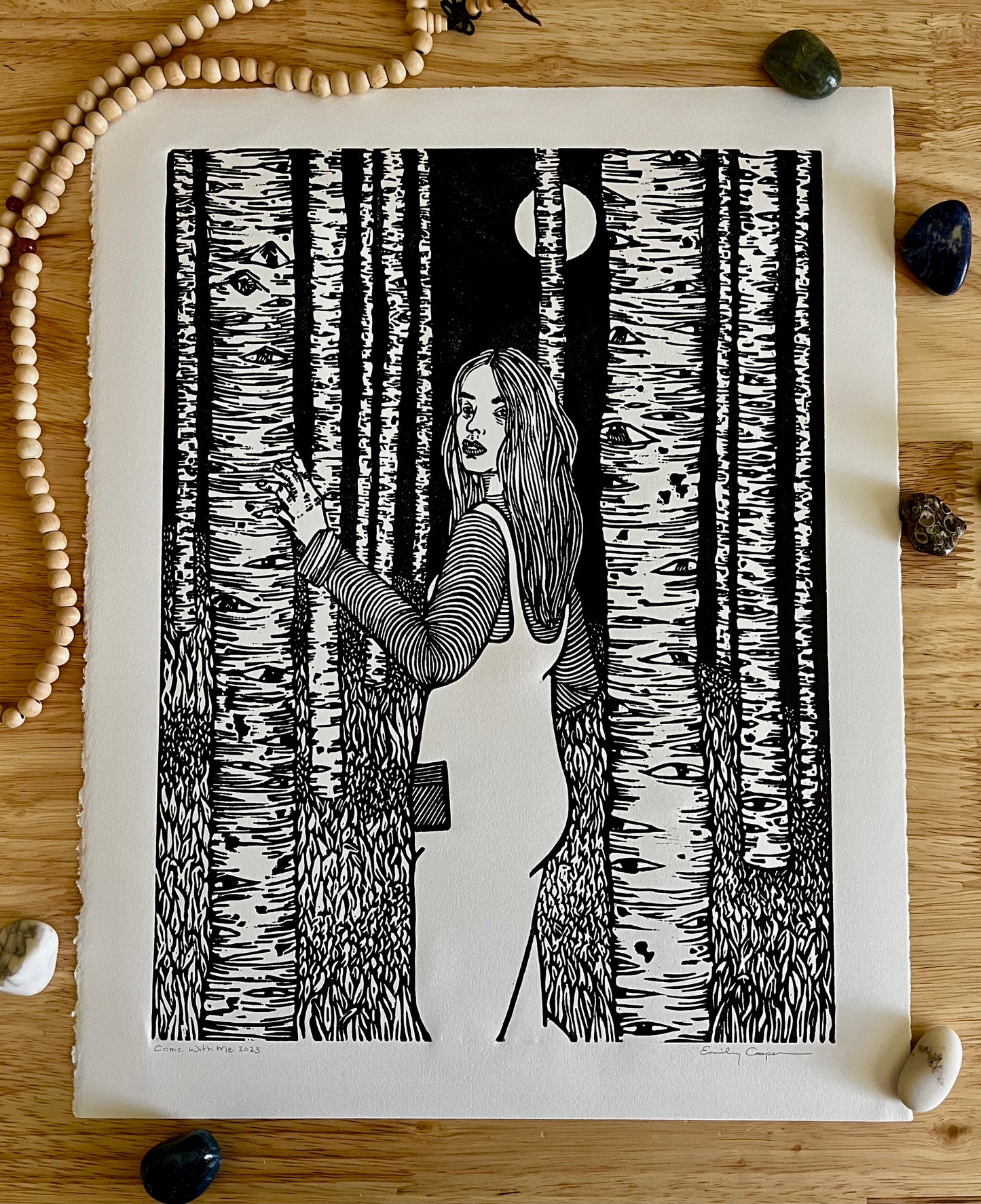 'Come with Me' Linoleum Block Print