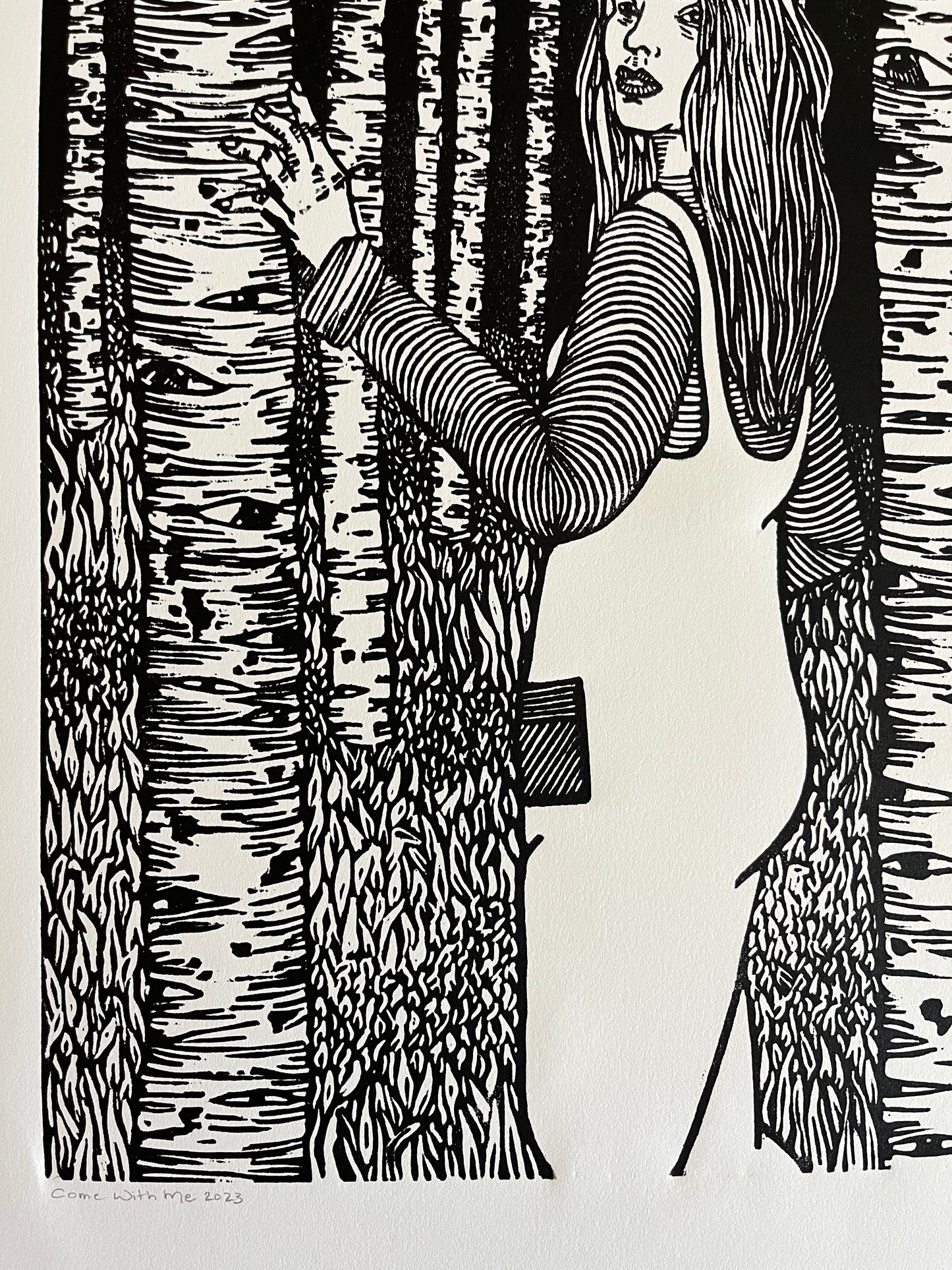 'Come with Me' Linoleum Block Print