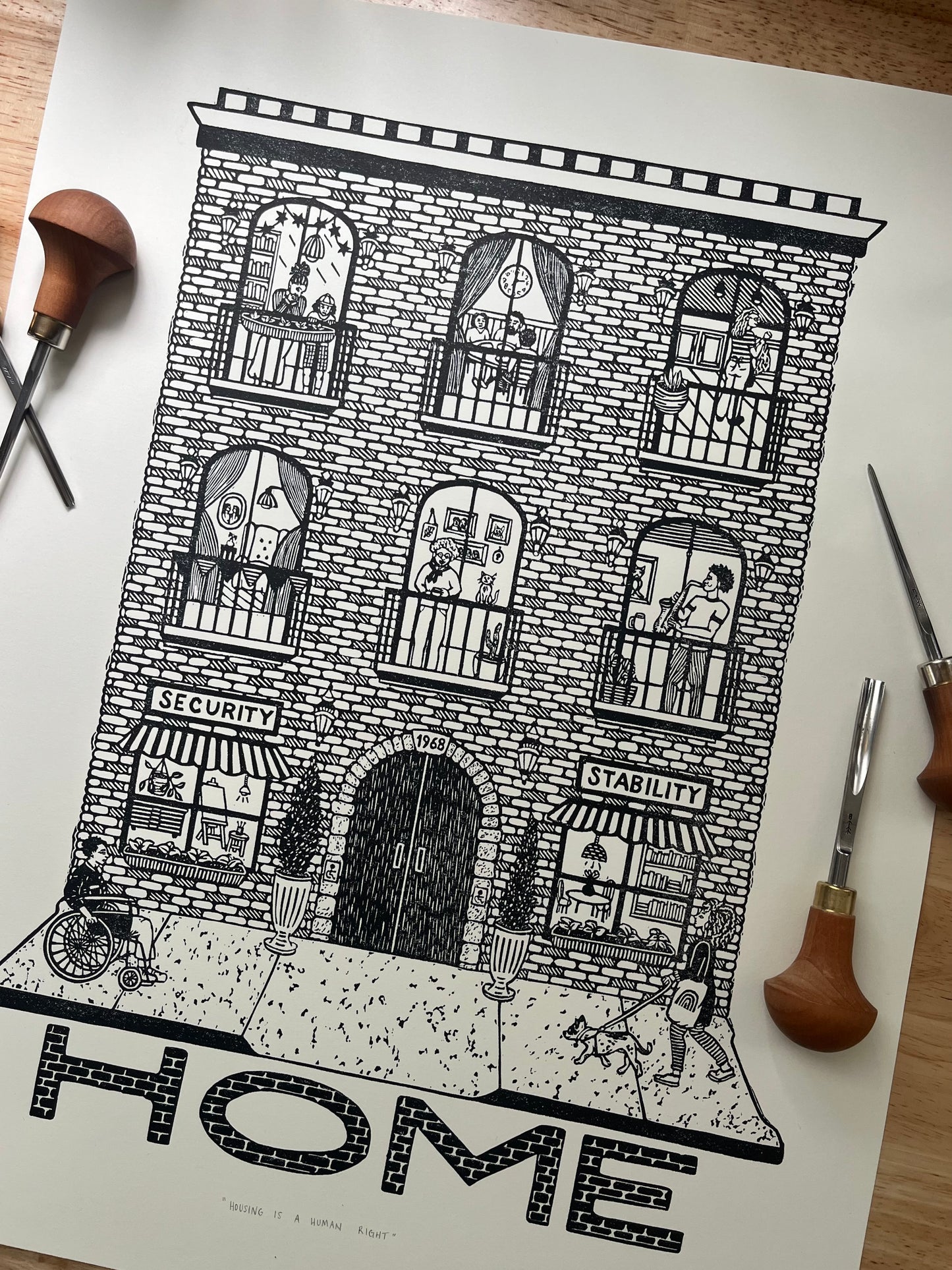 “Housing is a Human Right” - signed and numbered limited edition linocut print, 25% of proceeds benefit Housing Opportunities Made Equal