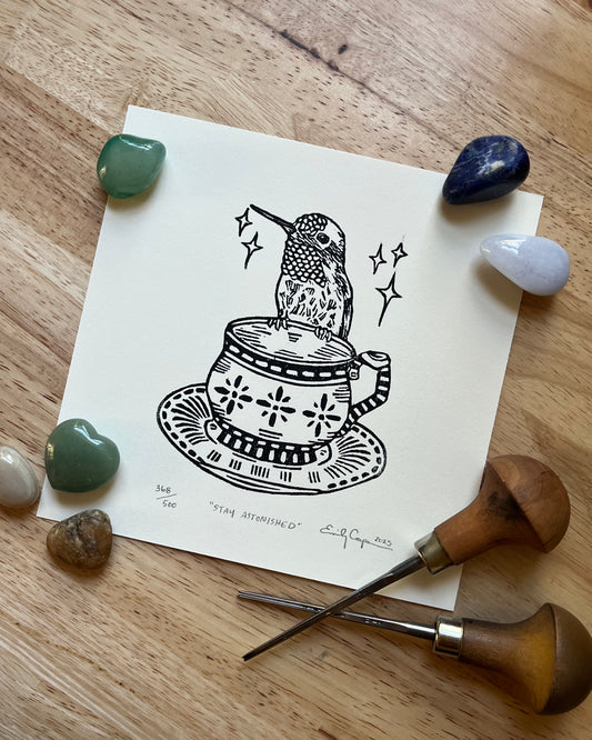 “Stay Astonished” original linoleum block print - cozy linocut