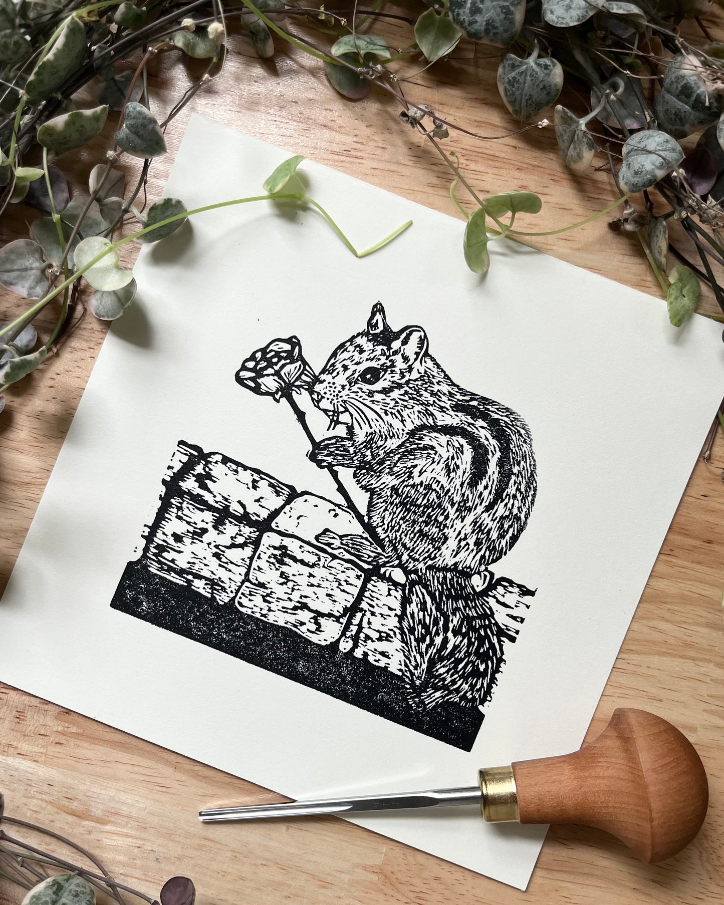“Stay Romantic” Original Linoleum Block Print, Signed Edition - romantic chipmunk print, cozy art