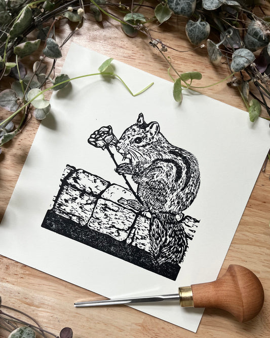 “Stay Romantic” Original Linoleum Block Print, Signed Edition - romantic chipmunk print, cozy art