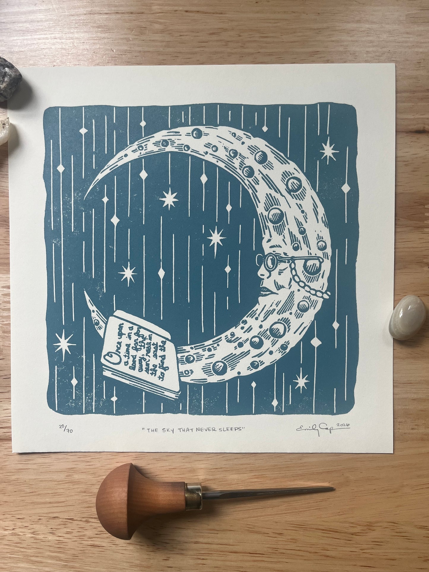 “The Sky that Never Sleeps” original limited edition linoleum block print - signed edition - moon lovers artwork