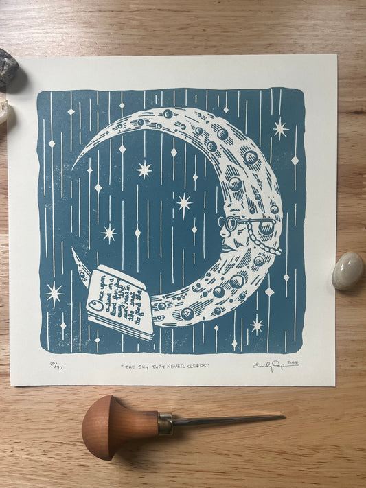 “The Sky that Never Sleeps” original limited edition linoleum block print - signed edition - moon lovers artwork