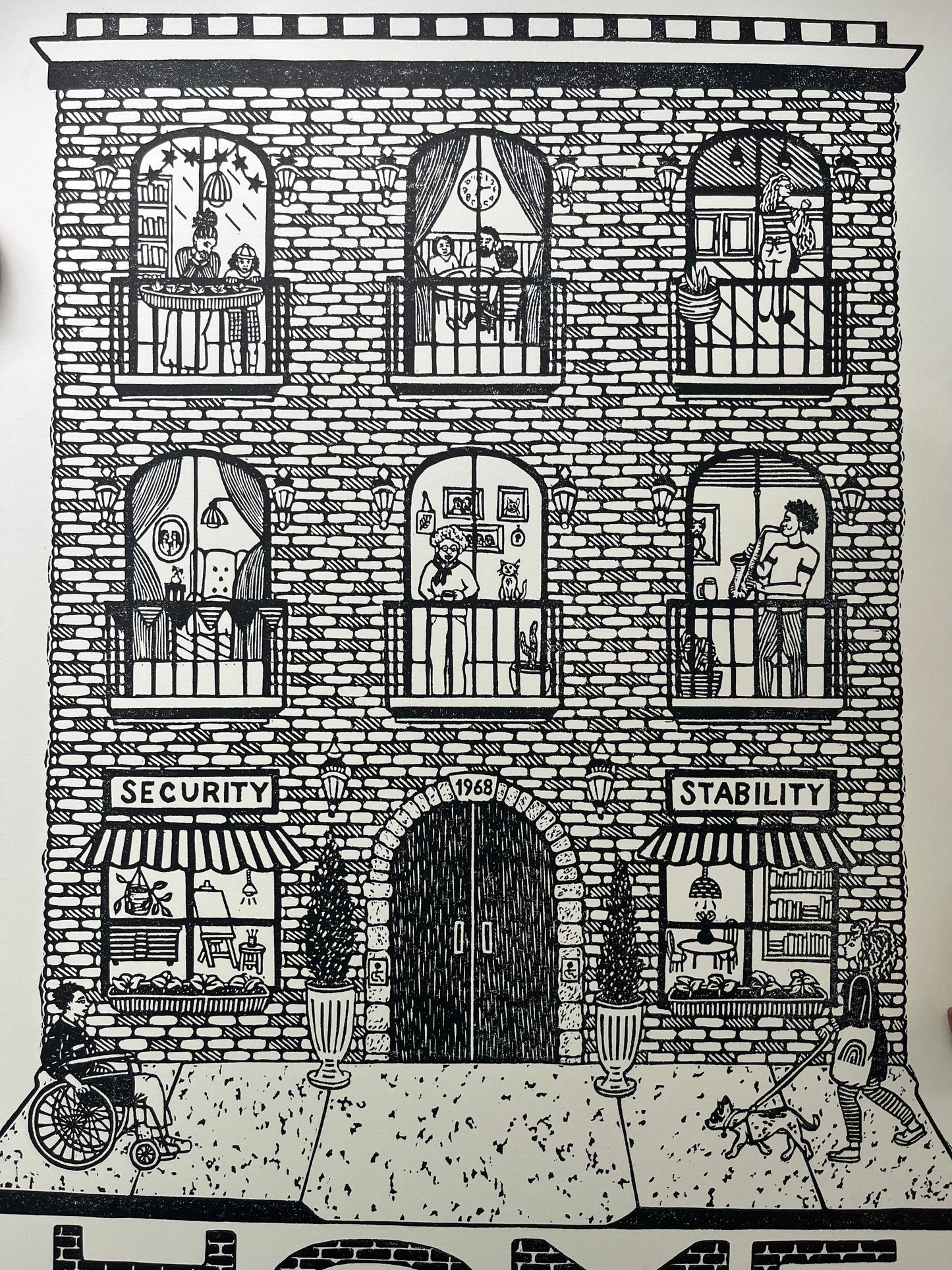 “Housing is a Human Right” - signed and numbered limited edition linocut print, 25% of proceeds benefit Housing Opportunities Made Equal