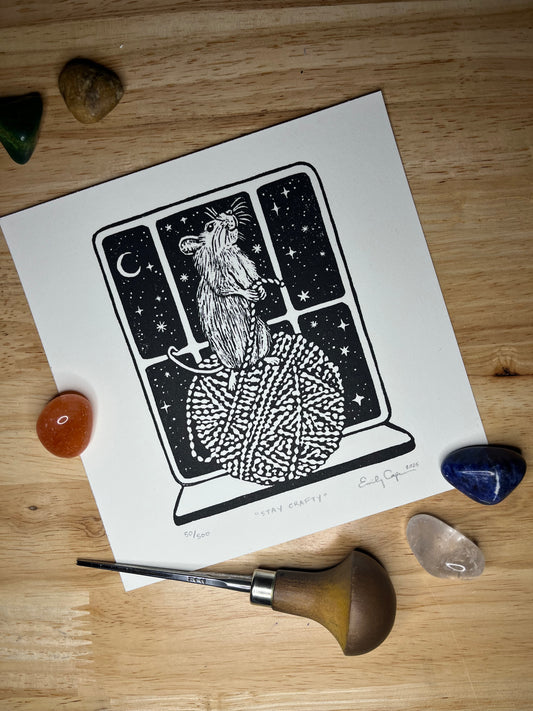 “Stay Crafty” original linoleum block print - signed edition - rodent with yarn print