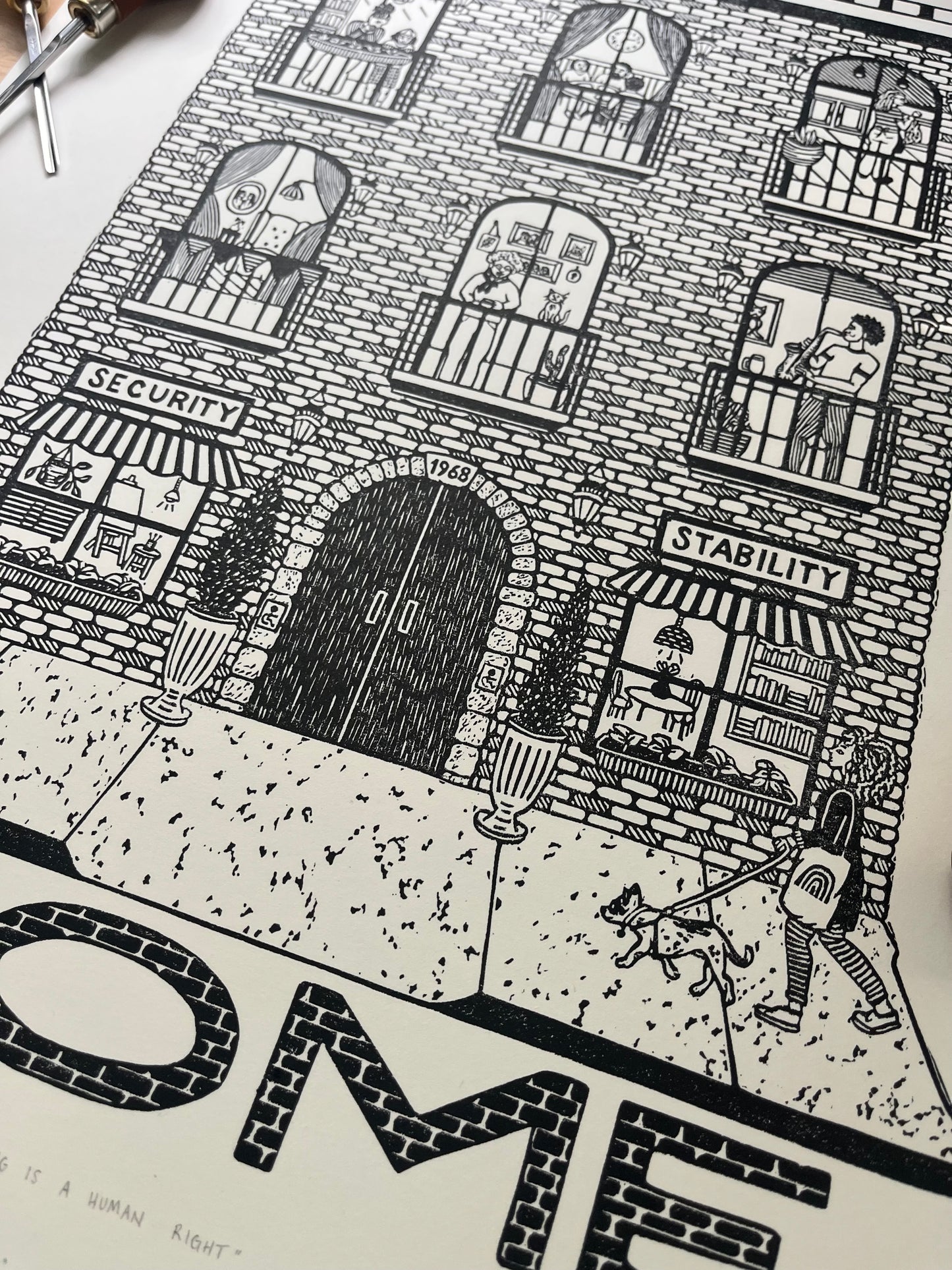 “Housing is a Human Right” - signed and numbered limited edition linocut print, 25% of proceeds benefit Housing Opportunities Made Equal