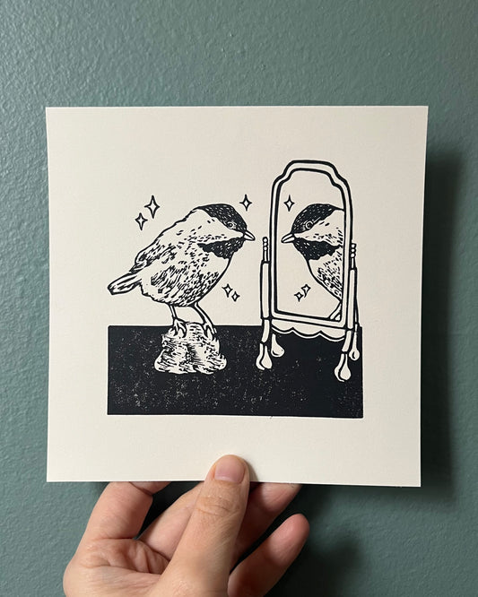 “Stay Reflective” original linoleum block print - signed edition - chickadee mirror print