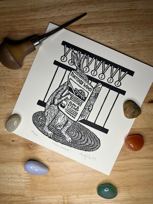 “Stay Humble” original linoleum block print - signed edition - tortoise and hare themed print