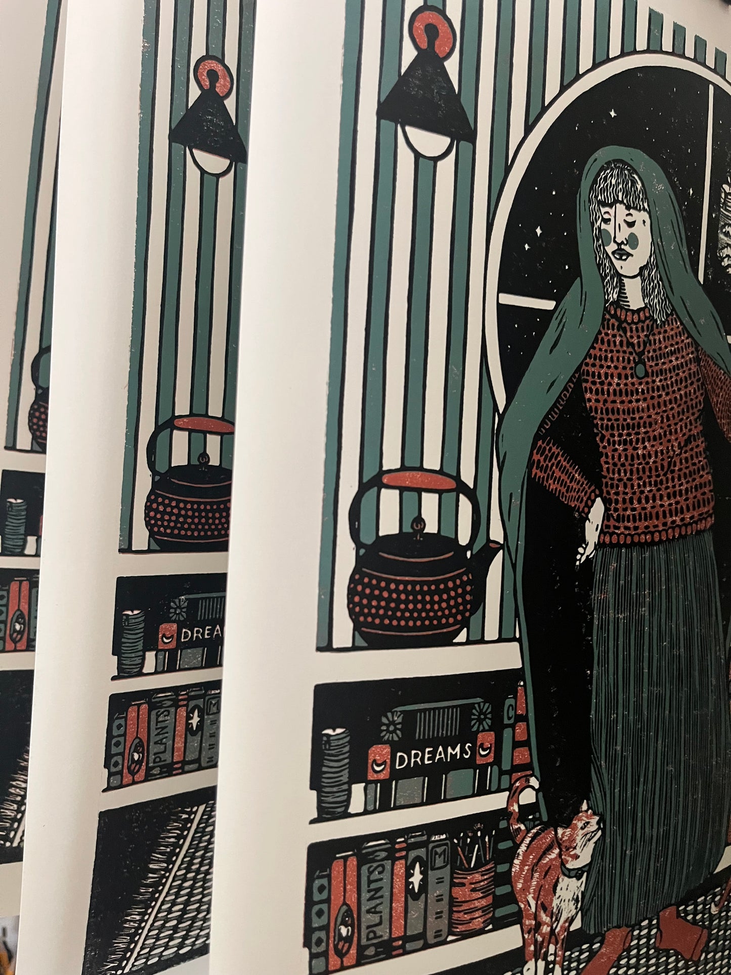 “across from embers, we unwind” - limited edition reduction linocut print