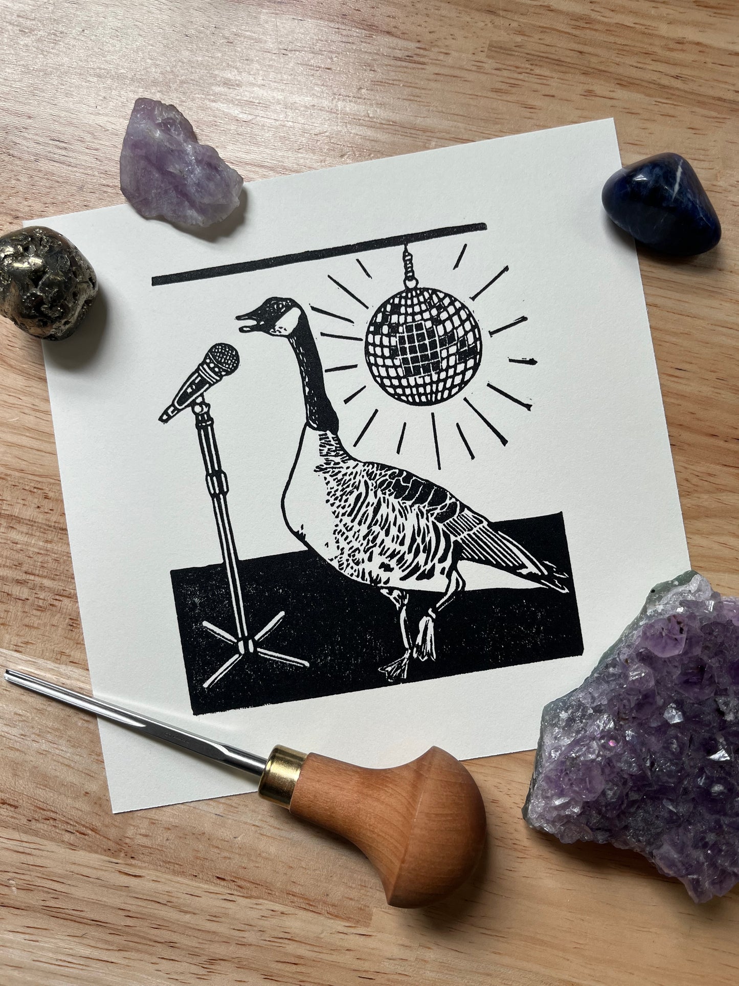 “Stay Expressive” Original Linoleum Block Print, Signed Edition - quirky disco goose print