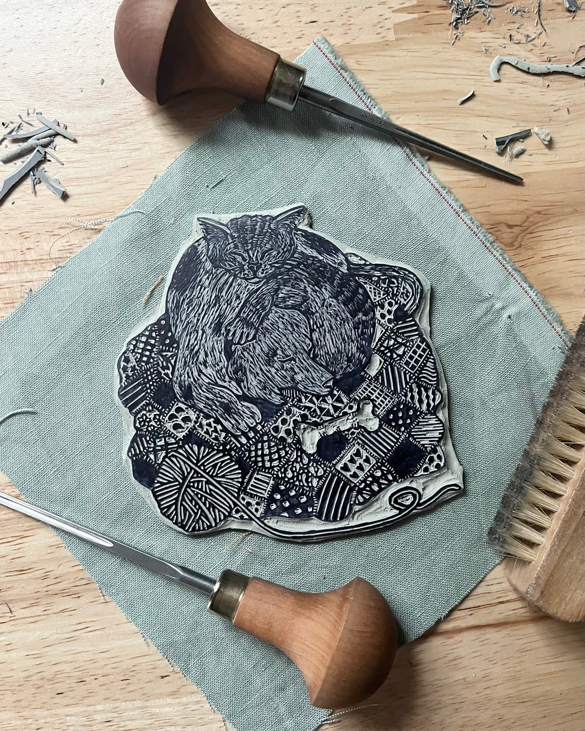 “Stay Close” Original Linoleum Block Print, Signed Edition - dog and cat sleeping art, cozy print
