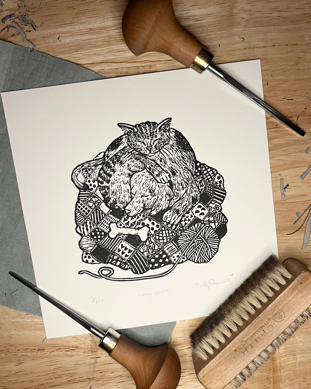 “Stay Close” Original Linoleum Block Print, Signed Edition - dog and cat sleeping art, cozy print