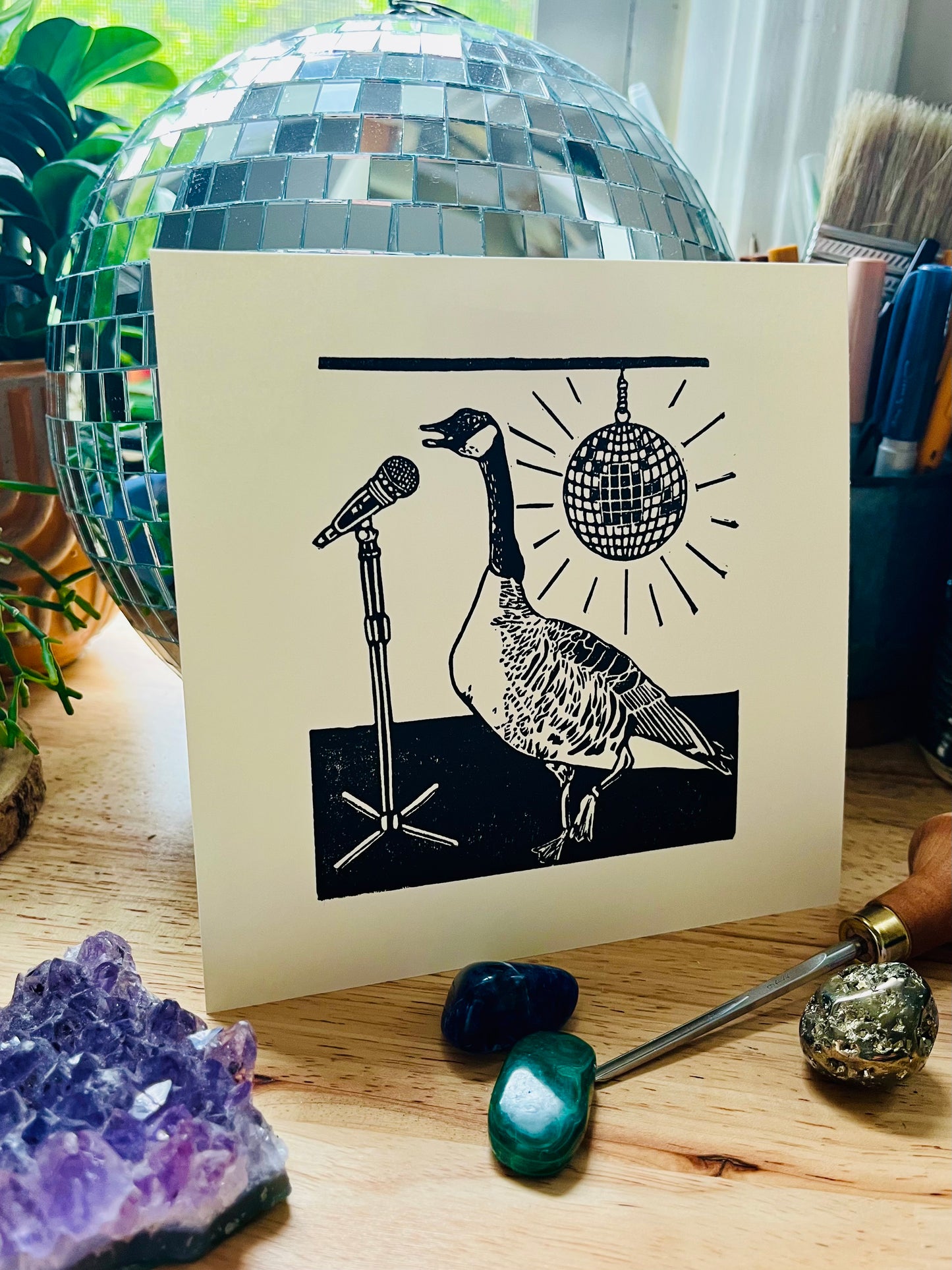 “Stay Expressive” Original Linoleum Block Print, Signed Edition - quirky disco goose print