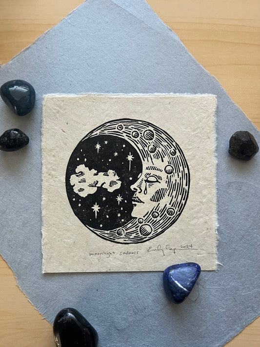 “Moonlight Sadness” Original Linoleum Block Print