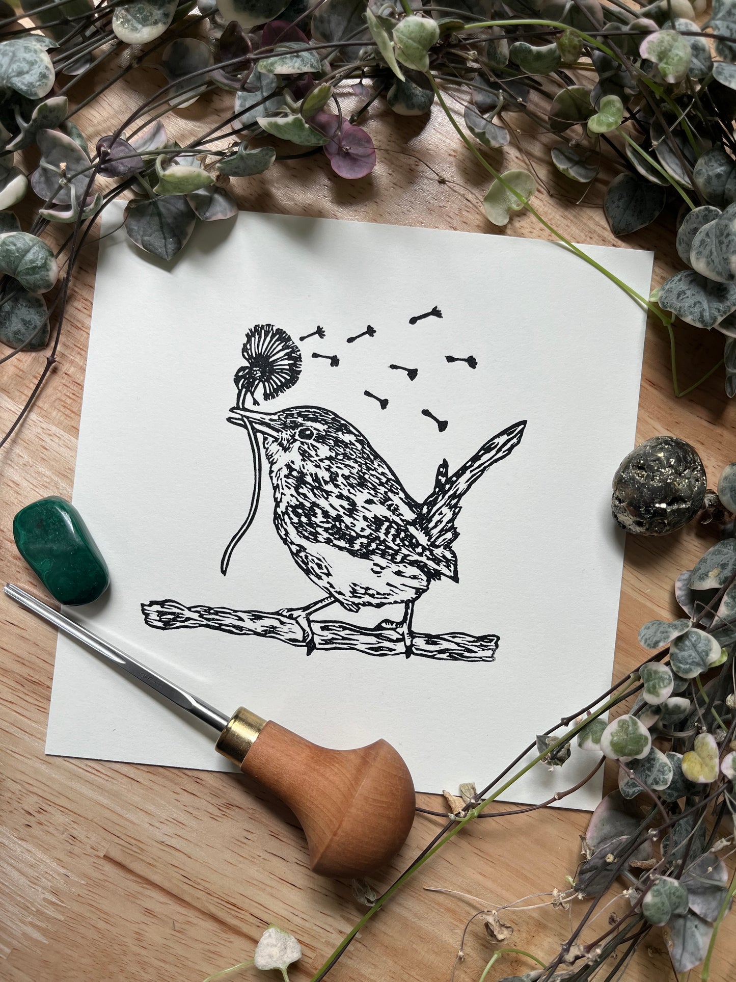 “Stay Wishful” Original Linoleum Block Print, Signed Edition - Carolina wren print, whimsical bird print