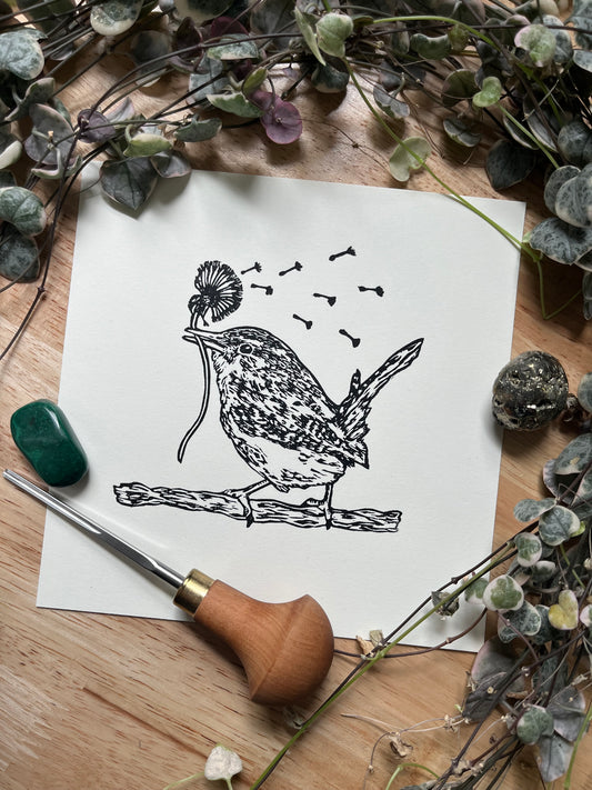“Stay Wishful” Original Linoleum Block Print, Signed Edition - Carolina wren print, whimsical bird print