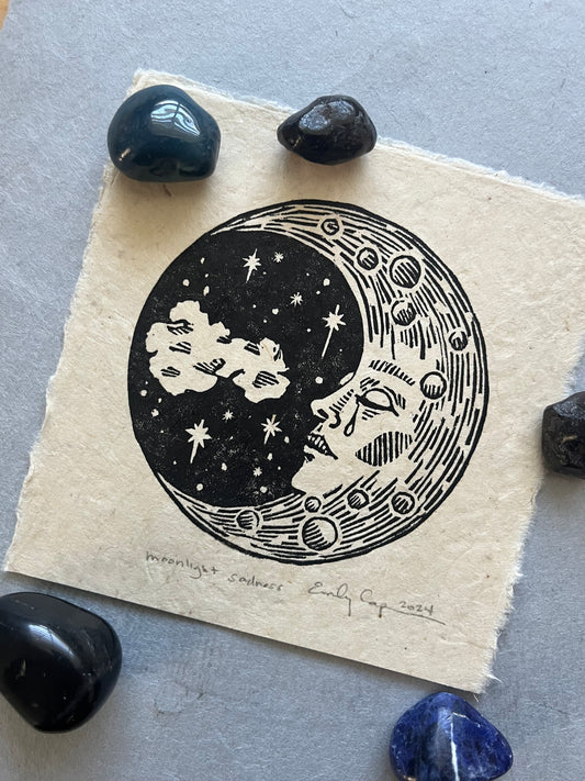 “Moonlight Sadness” Original Linoleum Block Print