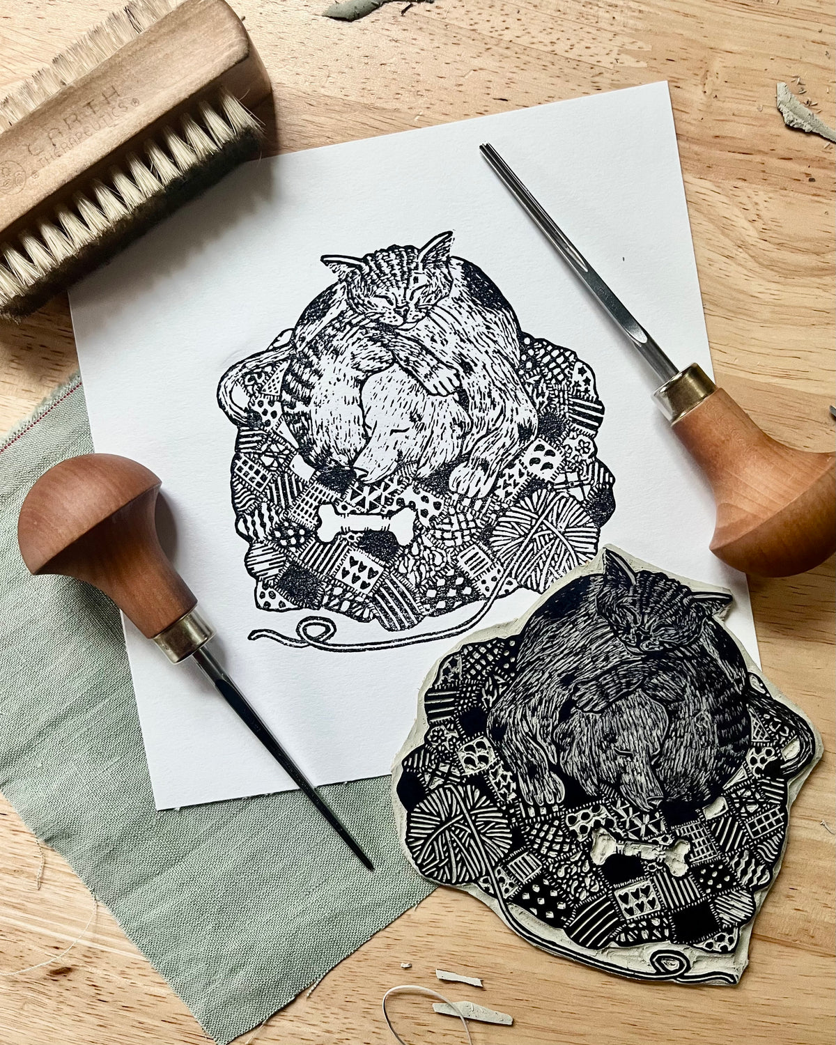“Stay Close” Original Linoleum Block Print, Signed Edition - dog and cat sleeping art, cozy print