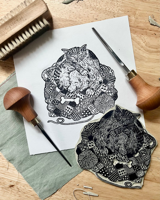 “Stay Close” Original Linoleum Block Print, Signed Edition - dog and cat sleeping art, cozy print
