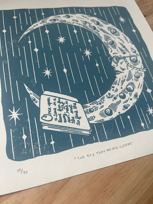 “The Sky that Never Sleeps” original limited edition linoleum block print - signed edition - moon lovers artwork