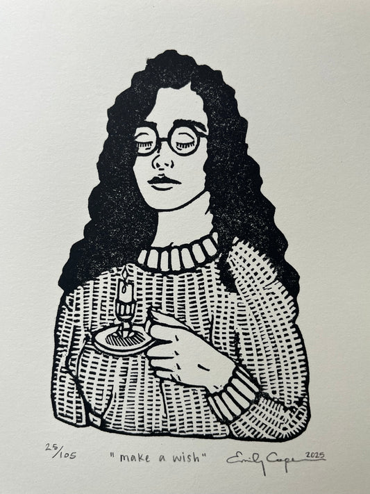 “Make a wish” limited edition linoleum block print - candlestick print, cozy artwork