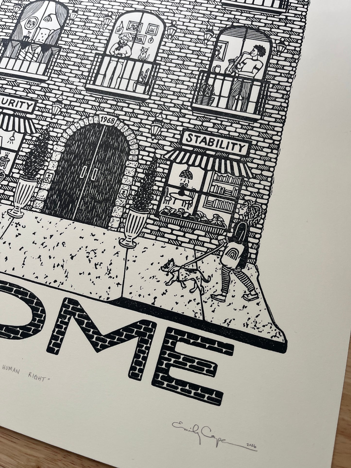 “Housing is a Human Right” - signed and numbered limited edition linocut print, 25% of proceeds benefit Housing Opportunities Made Equal
